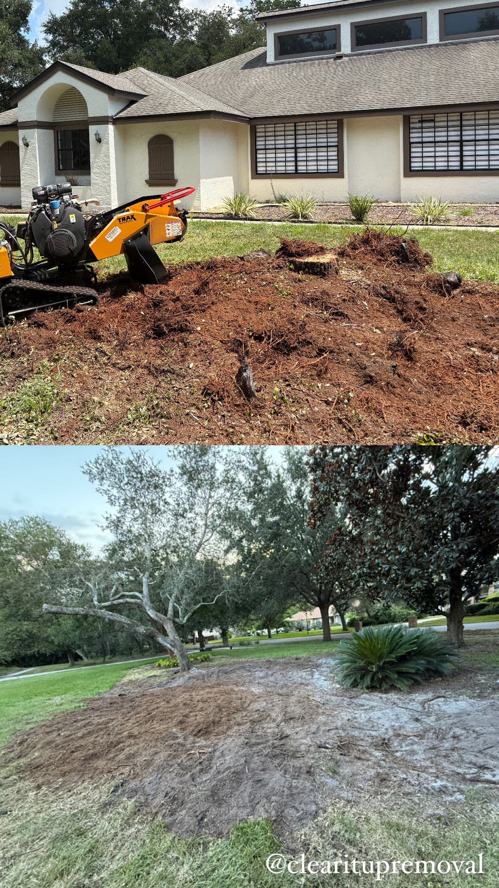 Before and after view of a property cleanup with a stump grinder and cleared landscaping.