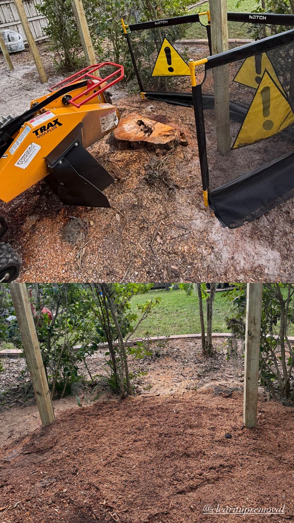 Log removal process with safety barriers and wood chips in a garden setting.