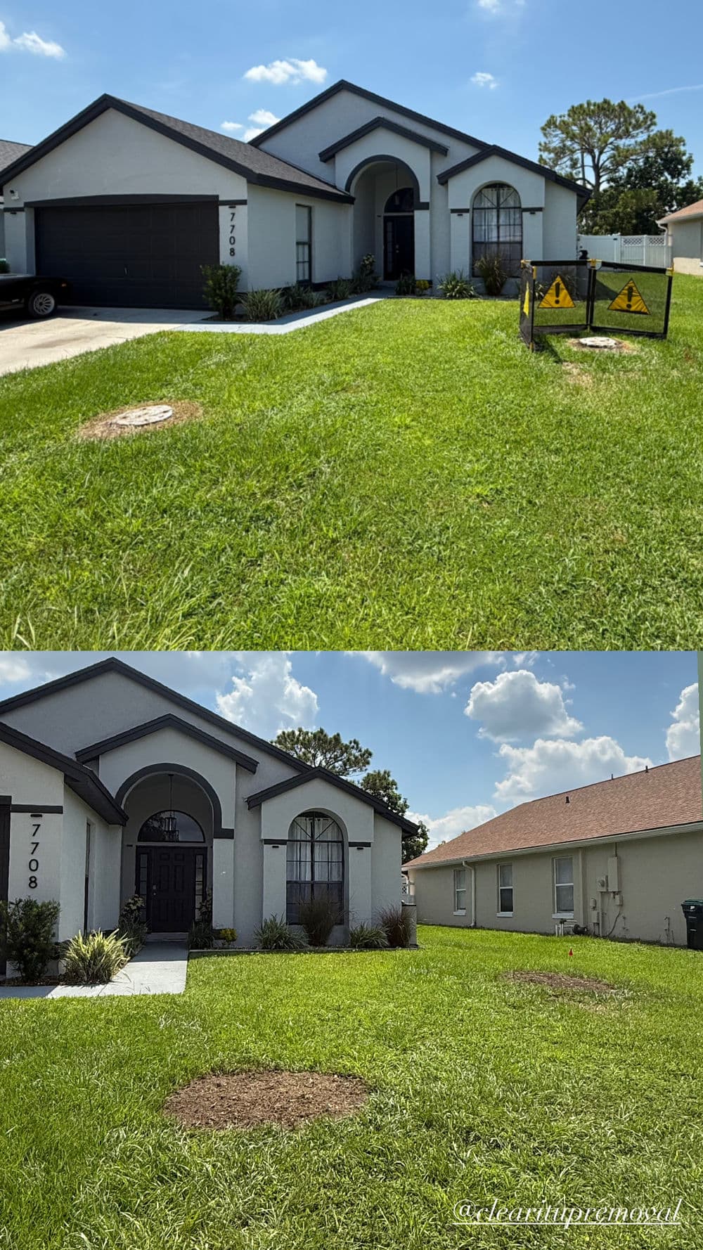 Before and after images of a well-maintained house with a green lawn and clear blue sky.