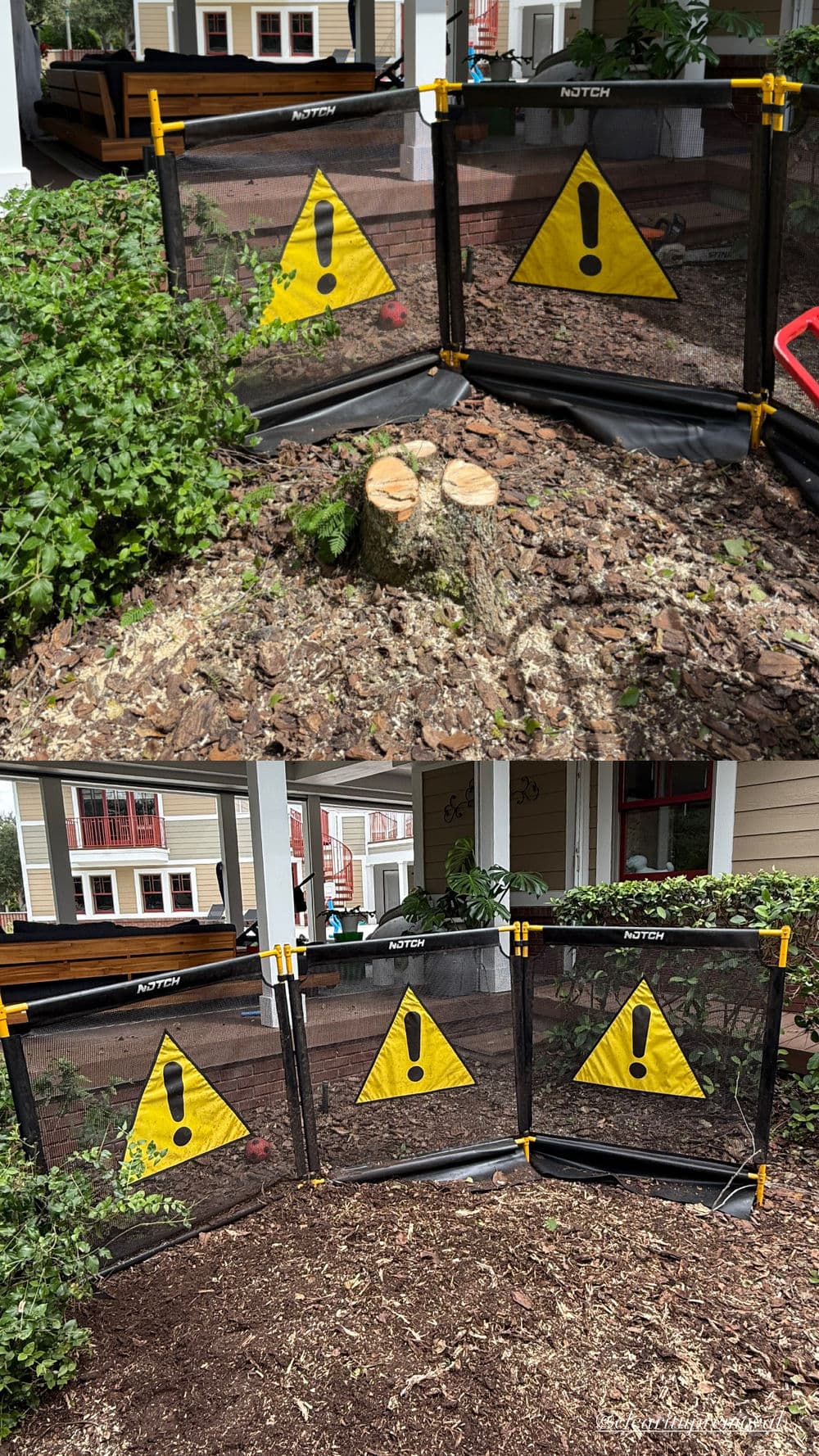 Construction safety fence with warning signs surrounding a tree stump in a residential area.