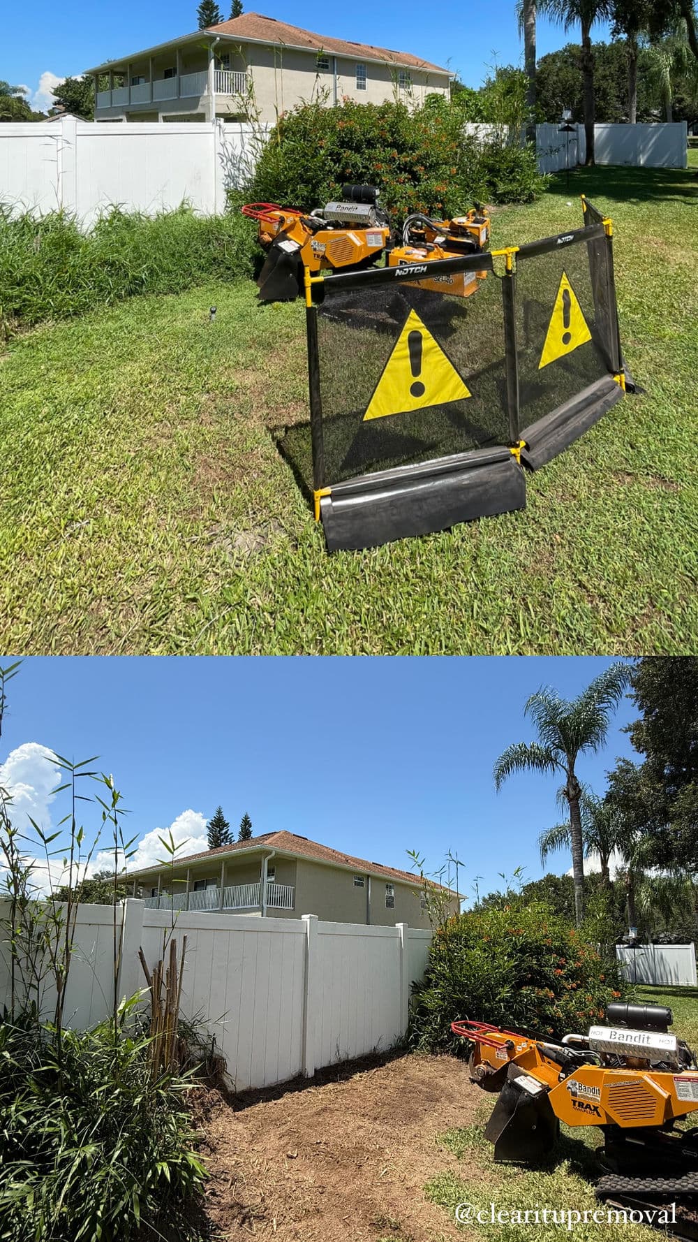 Lawn cleared of vegetation with equipment and warning signs; residential background visible.