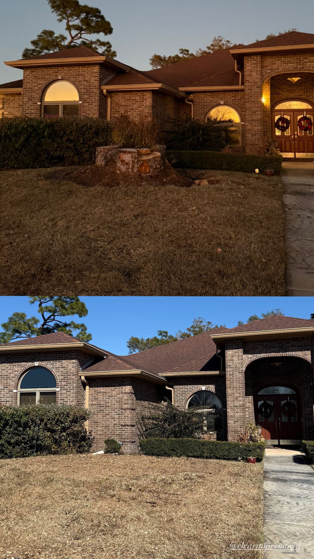 Before and after of a home exterior showing landscaping changes and tree removal.
