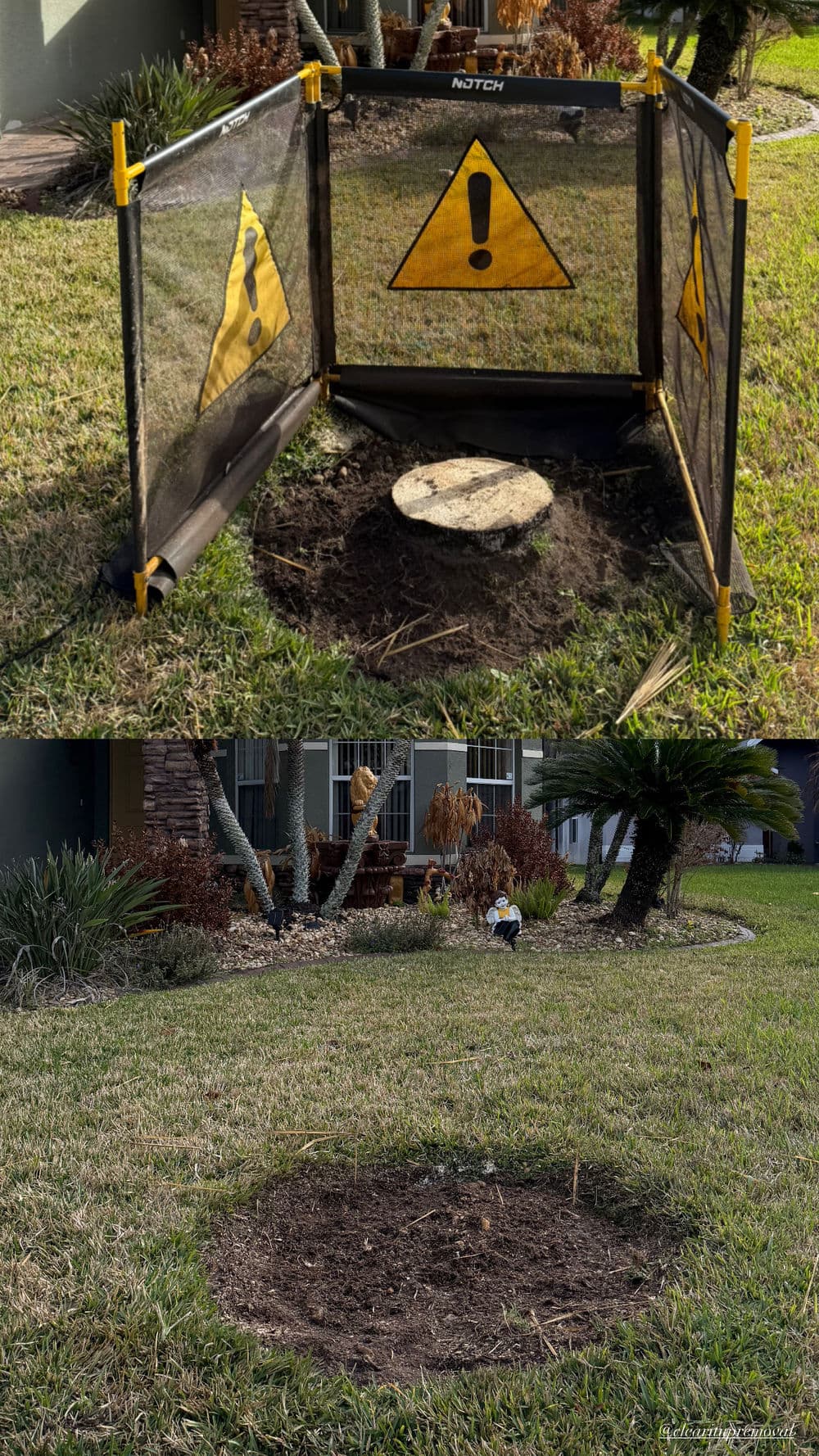 Construction area marked by warning signs with a dug hole in a grassy yard.