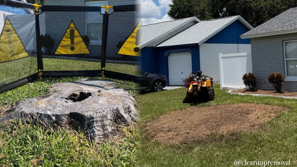 Stump removal site with caution barriers and machinery on grass near a house.
